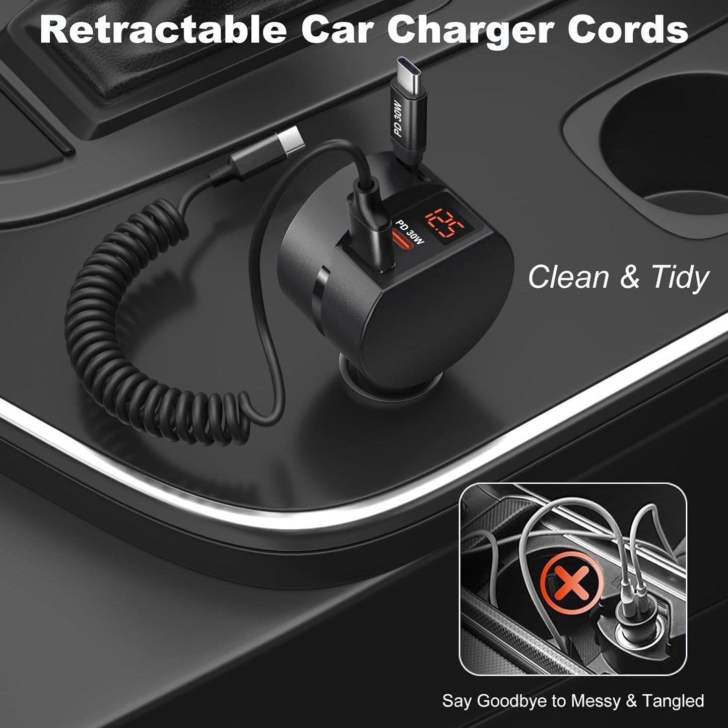 Retractable USB C Car Charger with Cord, OKRAY 78W 3-Port 12v Cigarette Lighter Adapter PD30W Fast Charging Samsung Car Charger & Coiled USB C Cable for Samsung Galaxy S25 S24 A16,iPhone 16 15 Pro Max
