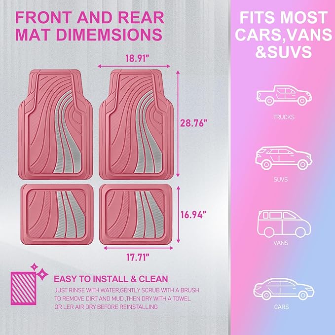 Road Comforts Car Floor Mats Full Set – Front & Rear Car Floor Mats with Aluminum Design, Anti-Slip Backing, All-Weather Protection, Trim-to-Fit Car Mats for Most Sedans, SUVs & Vans -All Pink