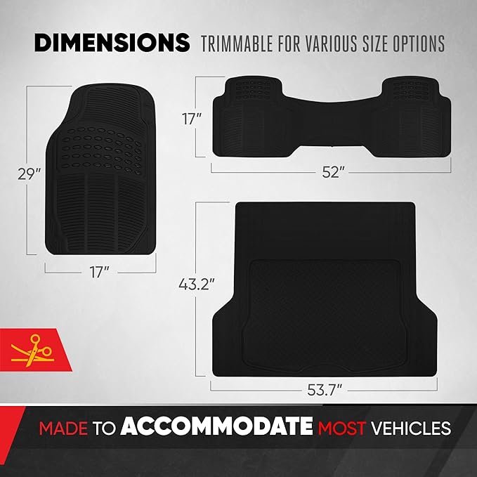 BDK Proliner All Weather Rubber Auto Floor Mats and Trunk Cargo Liner - Front & Rear Heavy Duty Set Fit for Car SUV Van and Truck, Black, 4 Pieces (Trim to Fit)