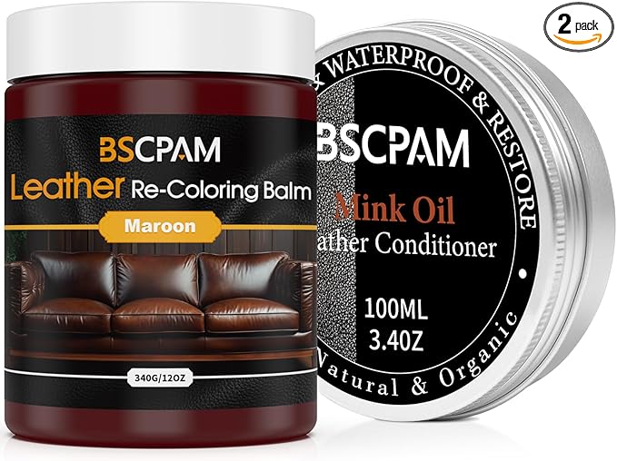 12oz Leather Recoloring Balm & 3.4oz Mink Oil Leather Conditioner kit,Maroon Leather Color Repair Kits for Couches, Leather Couch Paint Scratch Repair for Furniture Car Sofa Shoes Leather Dye