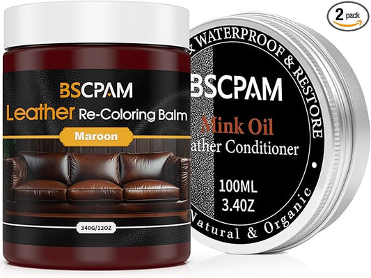 12oz Leather Recoloring Balm & 3.4oz Mink Oil Leather Conditioner kit,Maroon Leather Color Repair Kits for Couches, Leather Couch Paint Scratch Repair for Furniture Car Sofa Shoes Leather Dye