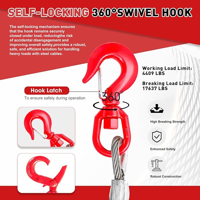 Steel Winch Cable,3/8" x 100' Wire Rope with Swivel Hook,17637 Lbs Breaking Strength,6x19 Strand Core Steel Towing Cable for Tow Truck,Crane,Wrecker