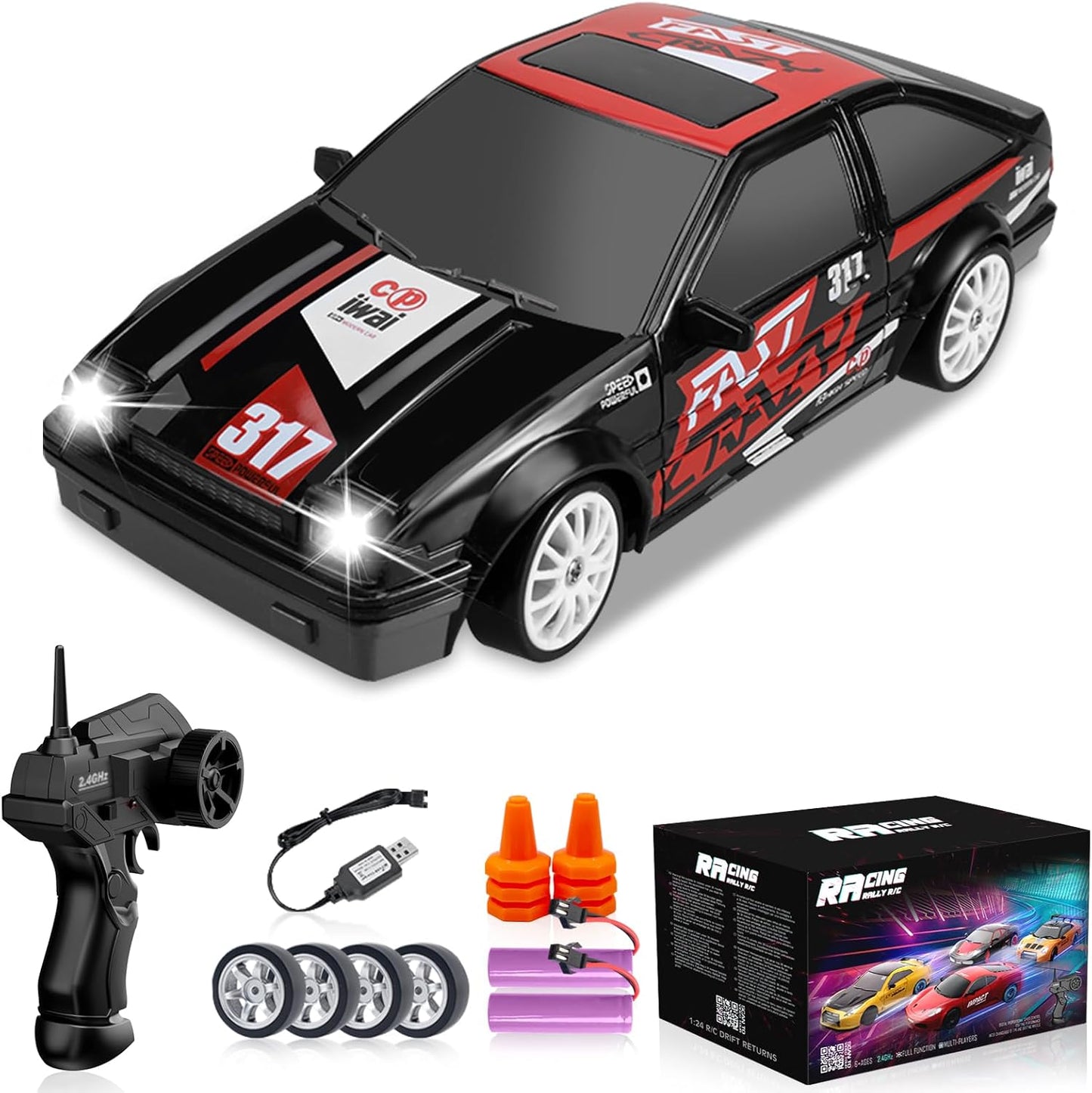 Remote Control Car 1/24 2.4GHz 4WD RC Drift Car, High Speed Drifting RC Cars with Cool Lights, Two Batteries and Extra Tires Toy Cars for Kids Boys Girls Adults, Black