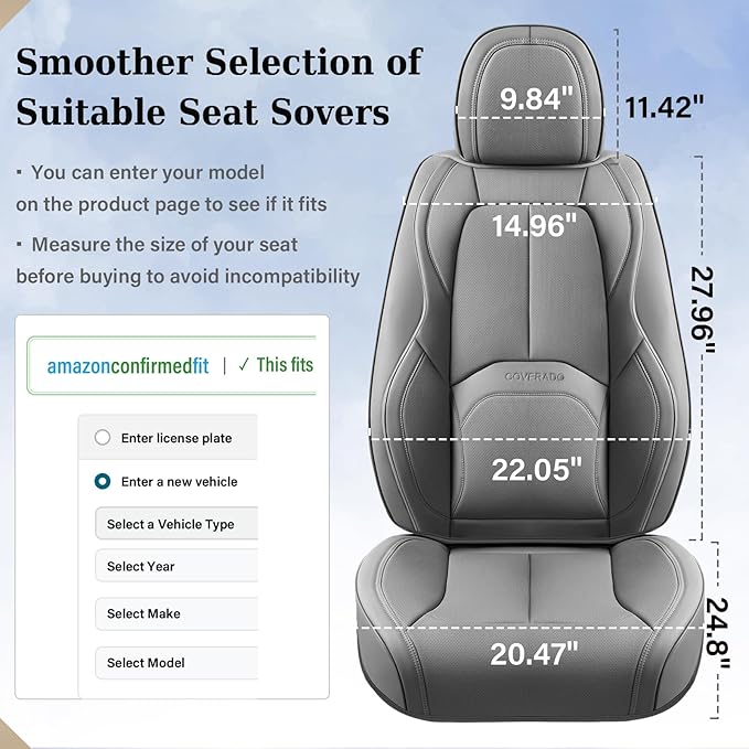 Coverado Seat Covers, Car Seat Covers Front Seats, Premium Nappa Leather Seat Covers for Cars, Waterproof Car Seat Protector with Lumbar Support, Front Seat Covers Universal Fit for Most Cars (Gray)