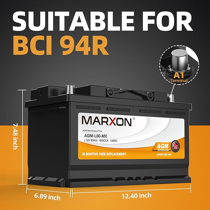 MARXON Group 94R H7 L4 Start and Stop Car Battery 12v 80AH 850CCA AGM BCI94R Maintenance Free Automotive Replacement Batteries 36 Months Warranty
