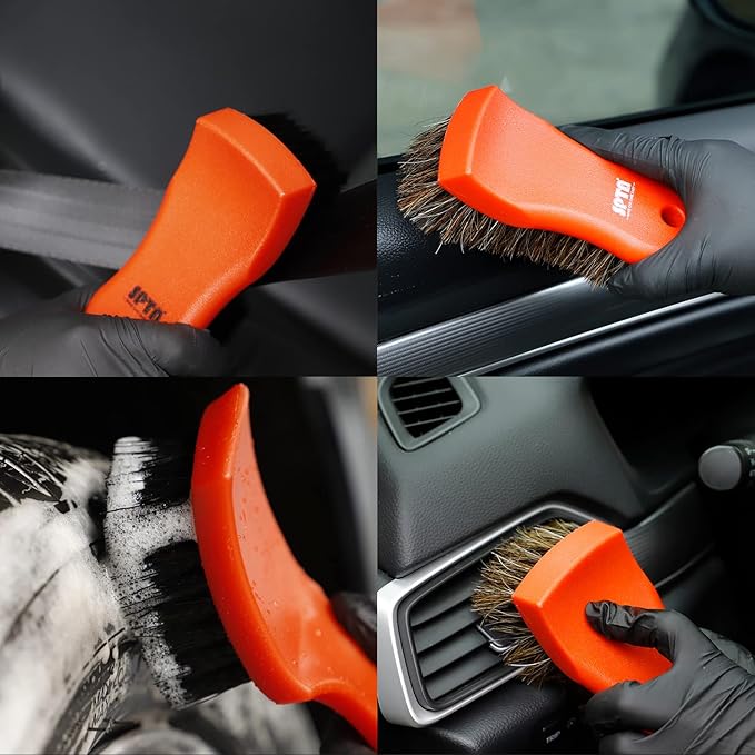 SPTA 3Pcs Car Detailing Brush Kit, Leather & Textile Interior Brush, Comfortable Grip and Scratch-Free Cleaning for Dashboard, Wheels, Seats, Foot Mats and Small Areas, Black