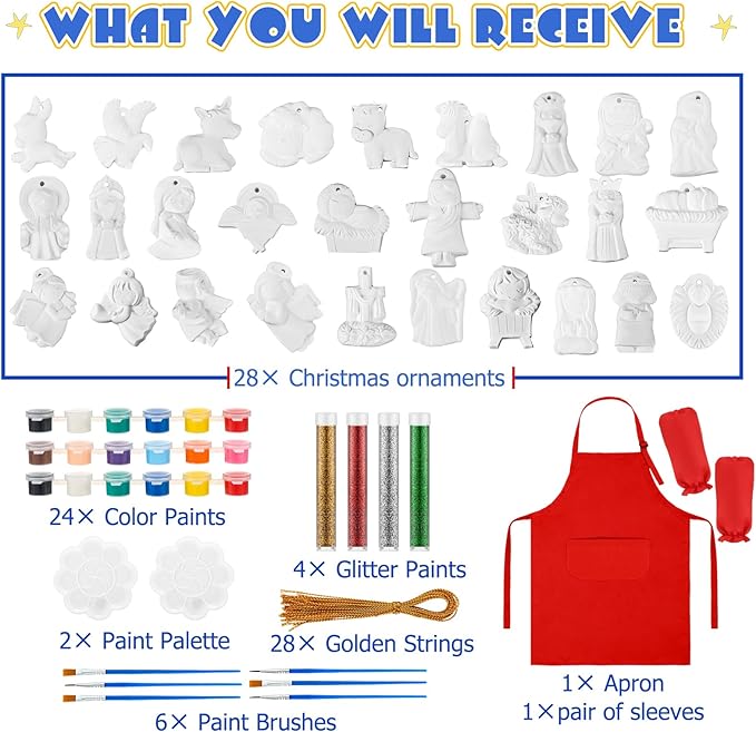 TecUnite 28 Pcs Ceramic to Paint Christmas Ornament Crafts Adults Unpainted DIY Ceramic Figurines Decorate and Paint Your Own Ornaments Kits DIY Craft Xmas Holiday Activities(Religious)