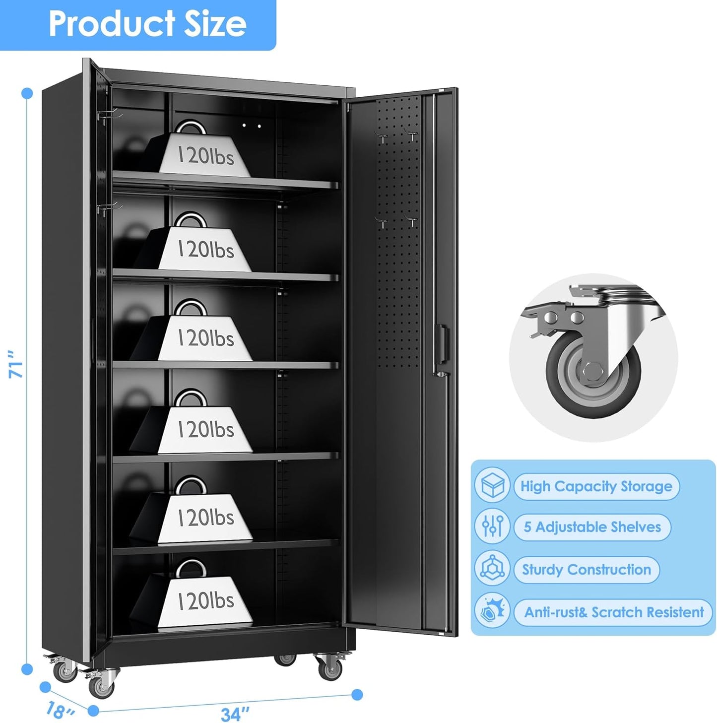 Metal Garage Storage Cabinet with Wheels and Pegboard 71'' x 34'' x 18'', Lockable Rolling Steel Cabinet with 5 Adjustable Shelves and Door for Garage, Office, Kitchen, Assembly Required(Black)