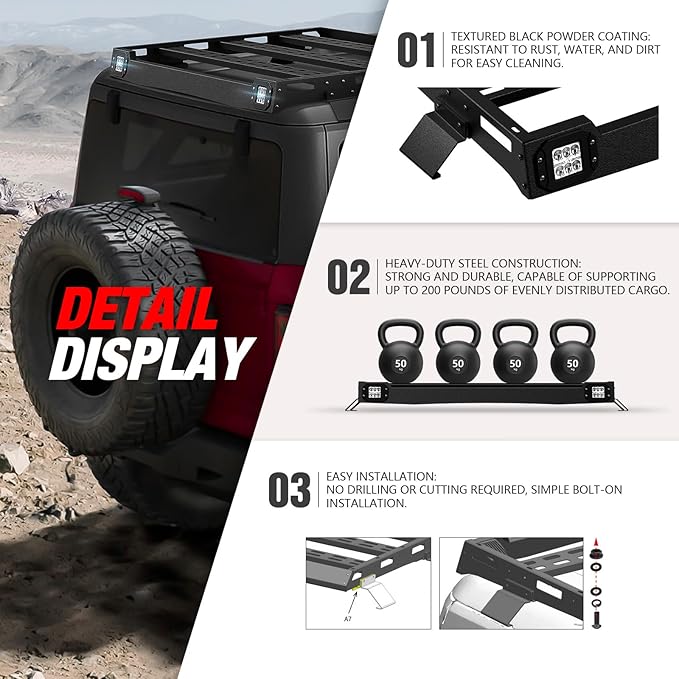 Bronco Half Short Roof Rack Rear Cargo Basket with 2 Led Light Bar Compatible for 2021 2022 2023 2024 2025 Ford Bronco Hardtop 4-Door (Excluding Sport), Rooftop Storage Carrier Luggage Rack