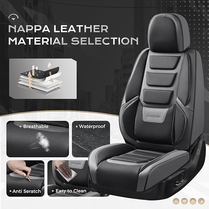 Coverado Car Seat Covers Full Set, Seat Covers for Cars, Front Seat Covers and Back Seat Cover Waterproof Leather Automotive Seat Cover Universal Car Interior Protectors Cushion for Most Cars