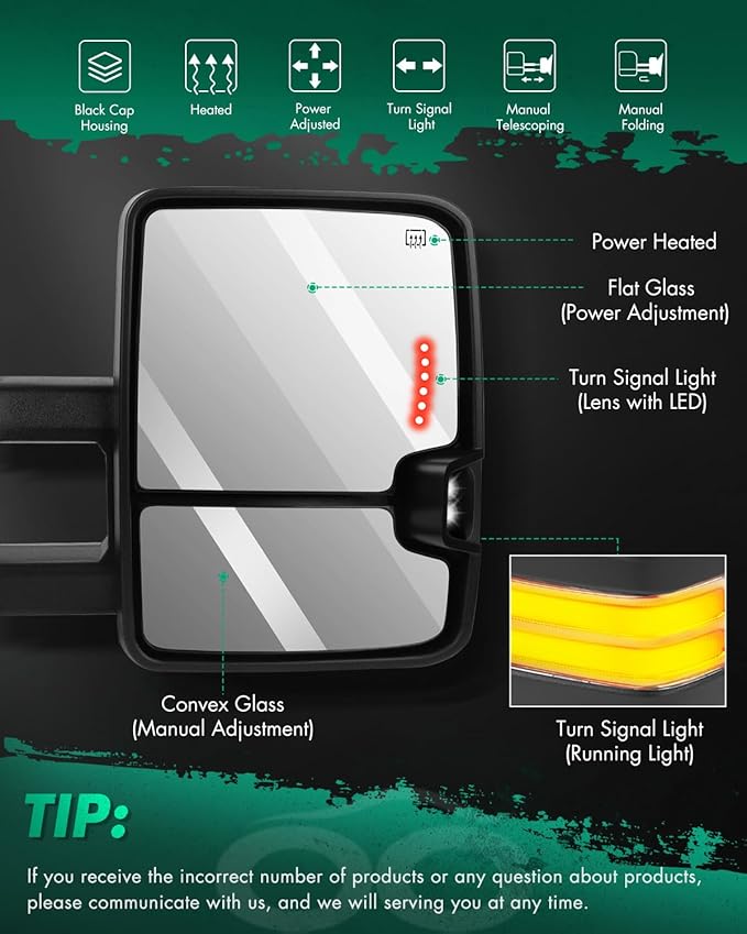 SCITOO Towing Mirrors Tow Mirrors Black Truck fit for 2014-2018 For Chevy For GMC 1500 2015-2019 For Chevy For GMC 2500/3500 HD with Pair LH RH Power Heated LED Signal Running Back Up