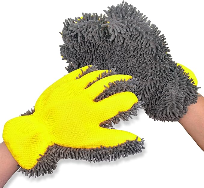 QMX Car Wash Mitt,Microfiber Scratch Free Auto Detailing Supplies for Cleaning, Washing Dusting,Thickened 5-Finger Design for Tight Spaces,Breathable Quick-Dry 2-Pack Yellow