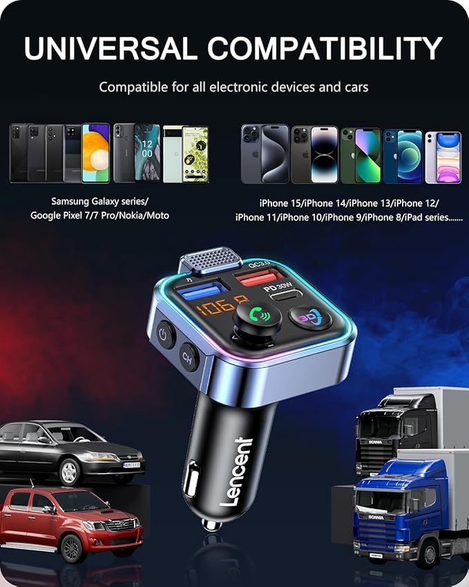 LENCENT Bluetooth 5.3 FM Transmitter, Wireless Radio Adapter Car Kit with Type-C PD 30W+ QC3.0 Fast USB Charger, Hands-Free Calling, Audio Stereo Mp3 Player Receiver, Supports U Disk, Color Light