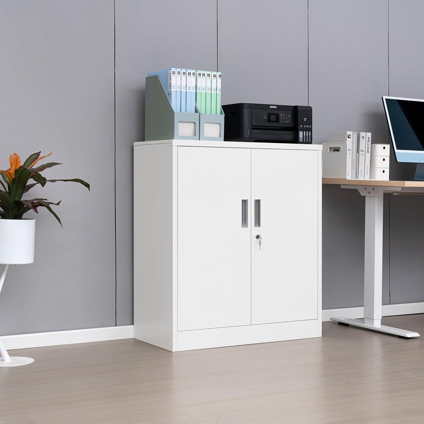 Metal Storage Cabinet with Locking Doors and Adjustable Shelves, 36.2" H Steel Storage Cabinet for Garage, Home, Office, Utility Room-White