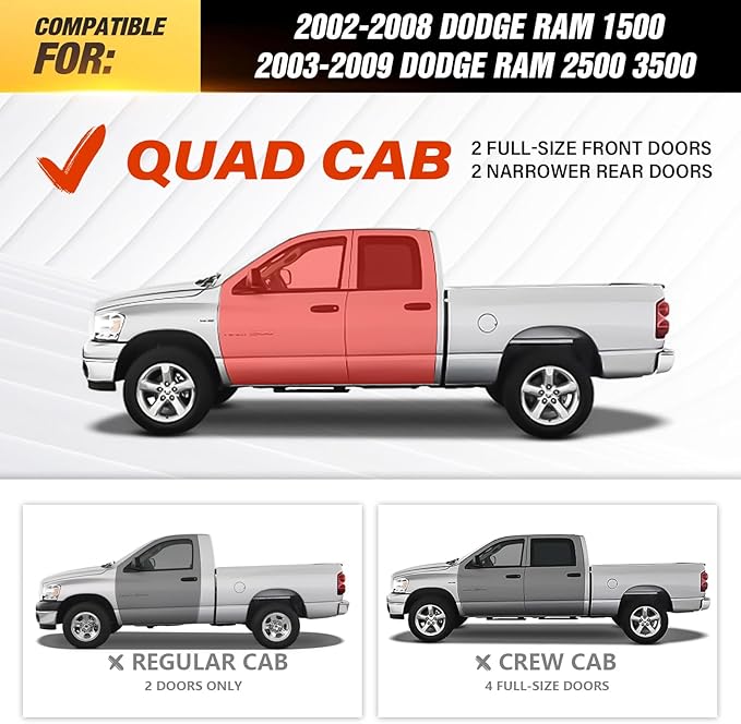 Quad Cab Three Raised Steps Running Boards Compatible for 2002-2008 Dodge Ram 1500 Quad Cab, 2003-2009 Ram 2500 3500 Double/Extended Cab Side Steps Rails Nerf Bar Two Stairs Design