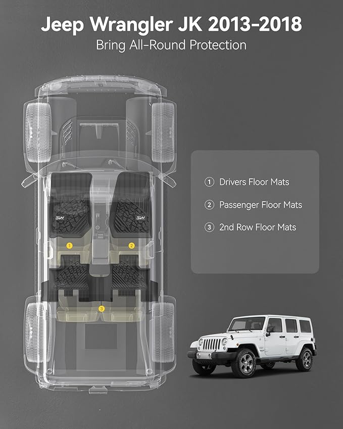 3W Floor Mats Fit for Jeep Wrangler JK 2014-2018 Unlimited 4 Door Only (Non JL or 4XE) TPE All Weather Custom Fit Floor Liner for Jeep Wrangler JK 1st and 2nd Row Full Set Car Mats, Black