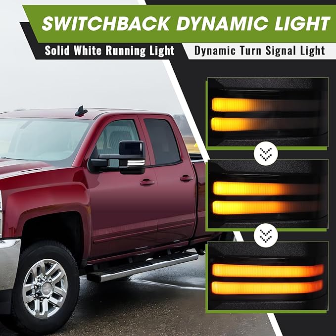 Towing Mirrors for Chevy Silverado/GMC Sierra 1500 (2014-2018), 2500HD/3500HD (2015-2019) Switchback Dynamic Turn Signal/Running Lights Power Heated (Painted Black)