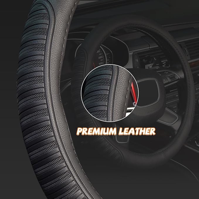 KAFEEK Steering Wheel Cover, Universal 15 inch, Microfiber Leather,Black