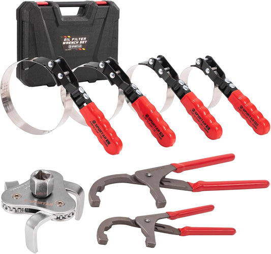 Spurtar Swivel Oil Filter Wrench Set of 7, Adjustable Wrench 2-3/4" to 5-1/4" (70-133mm), 9" & 12" Universal Oil Filter Pliers, 3-Jaw Oil Filter Removal Tool for 4S Shop Auto Repair Mechanic DIY