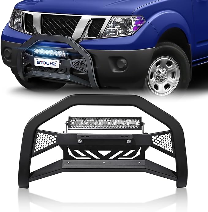 for Frontier Bull Bar Front Brush Guard with LED Light Bar & License Plate Frame Compatible with 2005-2021 Nissan Frontier, Truck Guard Grille Bumper Push Bar (Include Light Mount & Skid Plate)