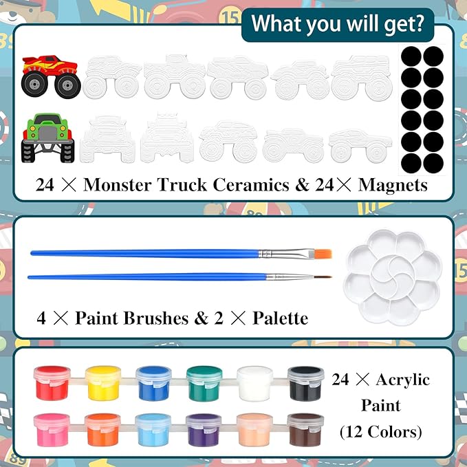 Simgoing 24 Pcs Ready to Paint Ceramic Monster Truck Ornaments Unpainted DIY Ceramic Painting Kit with 24 Acrylic Paints 4 Paint Brushes 2 Palettes for Kids Paintable Figurines for Adults Crafts