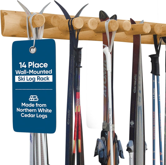 14-Place Log Ski Rack Wall Mount, Indoor Ski Storage Rack for Garage Organizers, Wooden Skis Wall Mount Storage Racks, Pole Skis Sports Racks, Garage Organization Walls - Natural