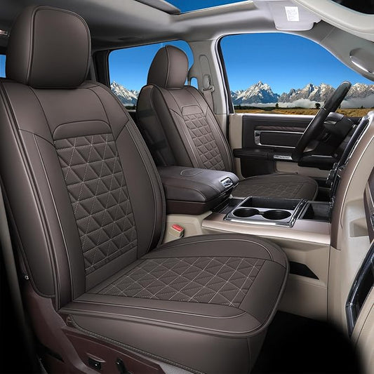 Coverado Ram Seat Covers, Waterproof RAM 1500 Seat Covers - Compatible with Ram 2002-2024 Vehicles (1500, 2500, 3500) - Curved Bench Seat, Ram 1500 Accessories (Front, Coffee)