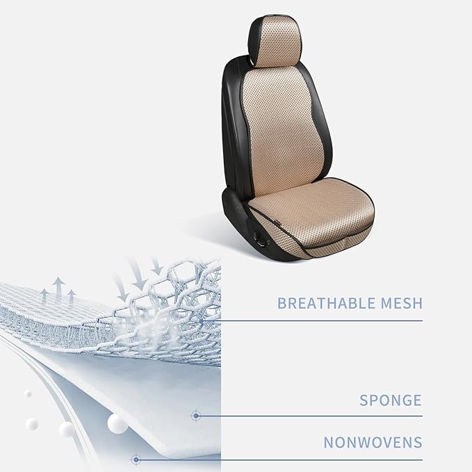 Auto Newer Car Seat Cover,Breathable Front Car Seat Cushion,Comfortable Car Seat Protector,Anti-Slip and Full Wrap Driver Car Seat Protector with Storage Pocket,Universal All Seasons(Beige,2PCS)