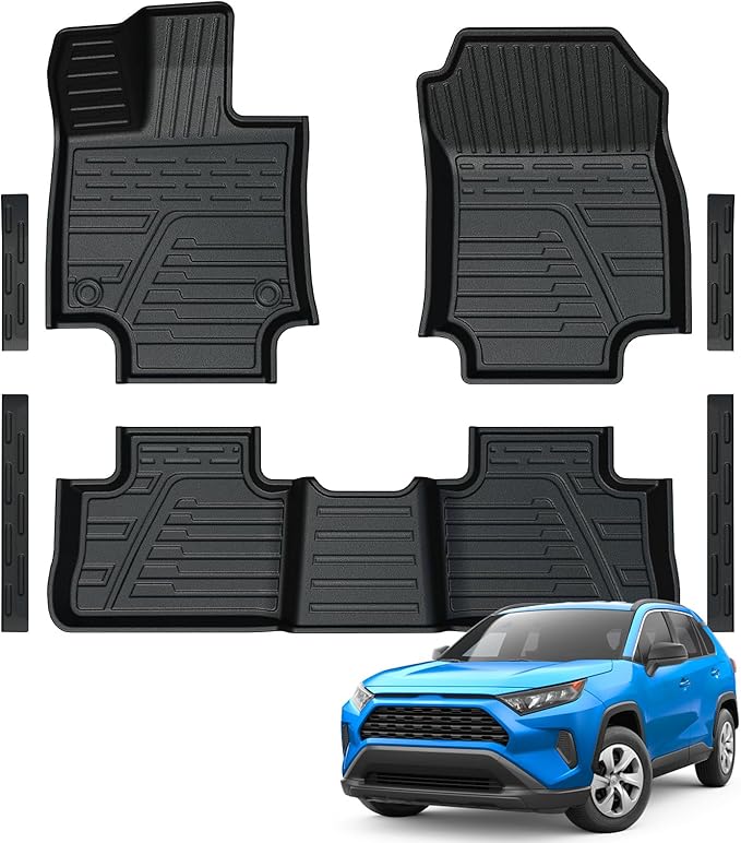 Car Floor Mats Custom Fit for Toyota RAV4 2025 2024-2019 (Include Gas & Hybrid), Door Sill Guards Accessories, All Weather TPE Front and 2nd Row Black Automotive Liners for RAV 4