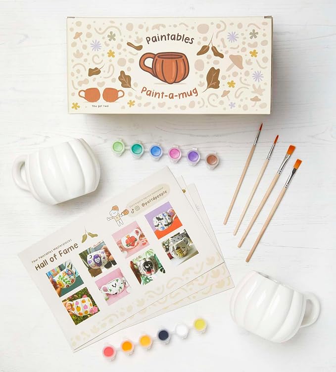 Pott'd Paintables Paint-a-Mug Kit Double Pumpkin Mug Pottery Painting Kit for Adults, Includes Ceramic Autumn Mugs, Paints, Brushes & Inspiration Guide
