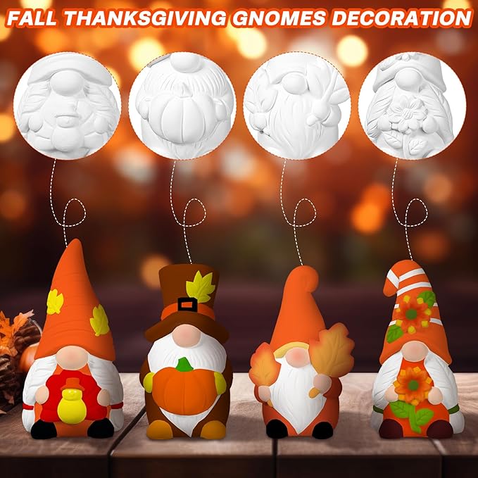Eersida 6 Sets Fall Gnome Ceramics to Paint Thanksgiving Ready to Paint Your Own Ceramic Autumn Pumpkin Gnome Statues DIY Unpainted Ceramics Paintable Figurines Kit Crafts with Brush Palette
