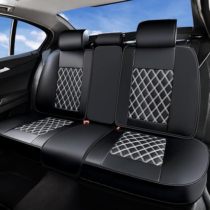 Huidasource Rear Bench Car Seat Covers, Waterproof Leather Back Seat Cushion Cover, Back Seat Cover Armrest Compatible Universal Fit for Most Cars Sedan SUV Pickup Truck (Back Row/Black&White)