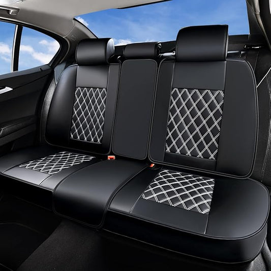 Huidasource Rear Bench Car Seat Covers, Waterproof Leather Back Seat Cushion Cover, Back Seat Cover Armrest Compatible Universal Fit for Most Cars Sedan SUV Pickup Truck (Back Row/Black&White)