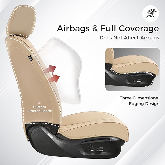Huidasource Beige Front Seat Covers, Leather Car Seat Covers Front Seats, Driver Seat Cover Waterproof, Airbag Compatible, Universal Fit for Most Cars, Vans, Trucks, SUVs (Front Pair/Beige)