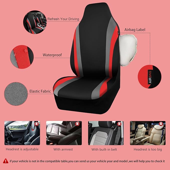 CAR PASS AquaShield Neoprene Waterproof Car Seat Covers Front Seats Only, High Back Bucket Seat Covers,Airbag Compatible,Seat Covers for Women Girl, Universal Fit for Auto Truck Van SUV (Black Red)
