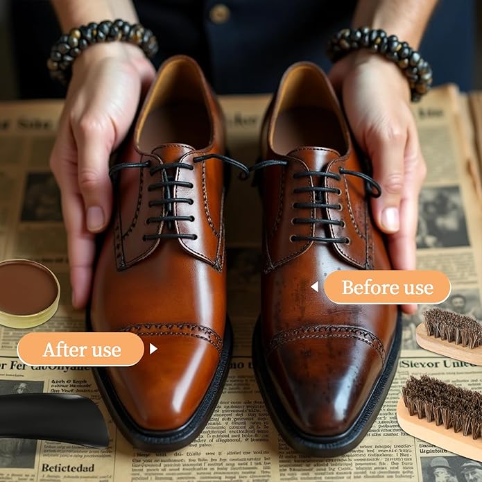 Shoe Polish Kit - Shoe Shine Kit | Leather Care Set with Horsehair Brush & Wooden Applicator | Portable Travel Case Included