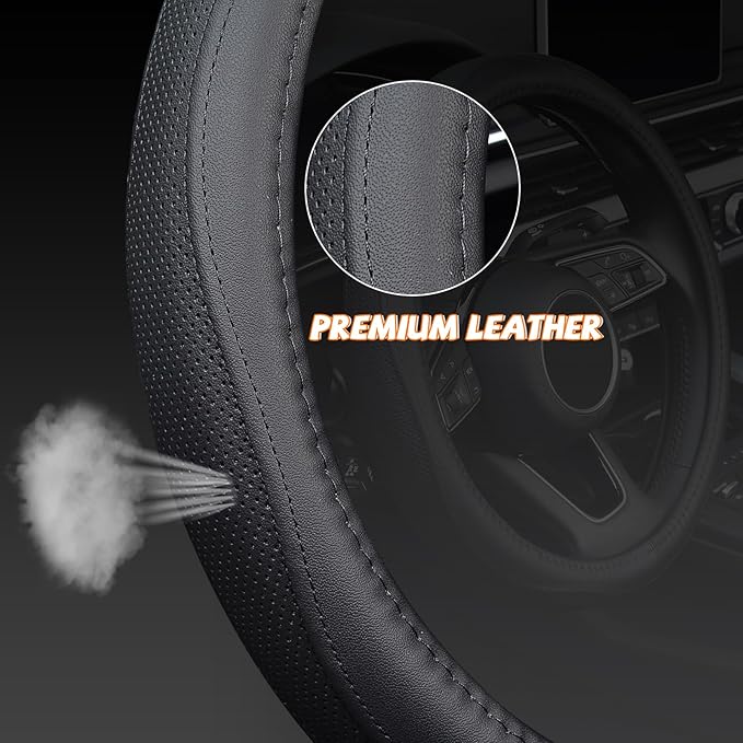 KAFEEK Steering Wheel Cover, Universal 15 inch, Microfiber Leather, Anti-Slip, Odorless, Black Lines