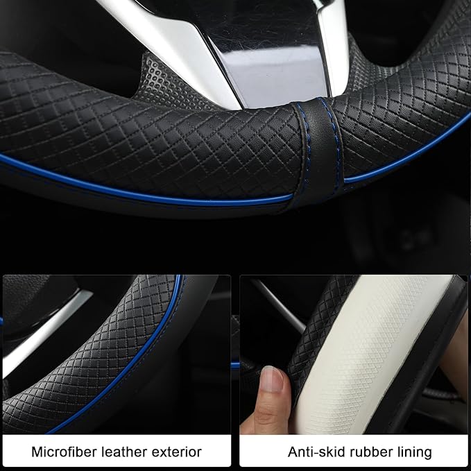 West Llama Customized Auto Car Steering Wheel Cover for Dodge RAM 1500 2500 3500, 15.5-16 inch (Black+Blue Line-Large Size)