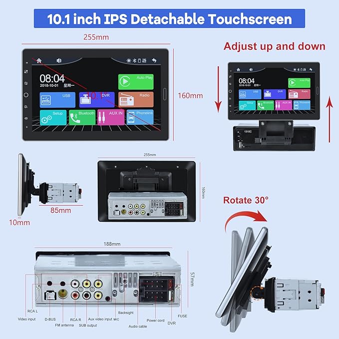 10.1 inch Single Din Car Stereo with CarPlay and Android Auto, 10 inch Touch Screen Radio with Mirror Link/1080P/EQ Audio/SWC/Bluetooth +Backup Camera+MIC