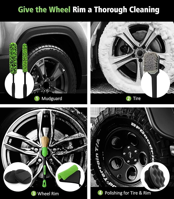 YeewayVeh 8PCS Wheel Brush Kit, Bendable Wheel Rim Cleaner Brush for All Wheel Spokes, Wheel Cleaning Brush Kit with Tire Brush, Rim Brush, Car Detailing Brush and Tire Shine Applicator, Green