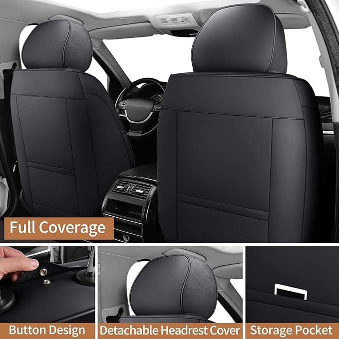 Leather Car Seat Covers Waterproof Front Seat Covers Breathable Seat Protectors Universal Fit for Most Automotive Cars SUV Van Trucks (Black,Front Pair)