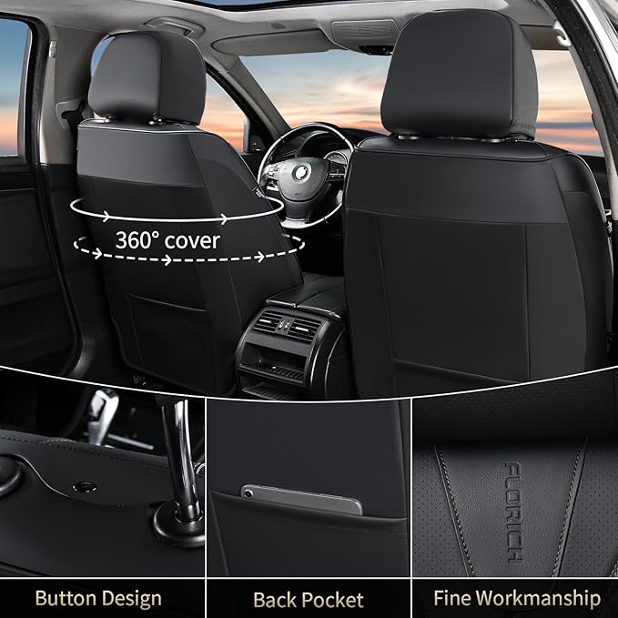 FLORICH Leather Car Seat Covers, Seat Cover for Cars Full Set Black Car Seat Cover Front Seats and Back Waterproof Car Seat Cushion Car Seat Protector Universal Fit for Most Cars SUV Trucks