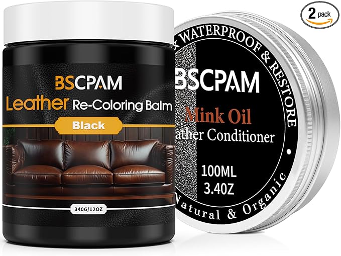 12oz Leather Recoloring Balm & 3.4oz Mink Oil Leather Conditioner kit,Black Leather Color Repair Kits for Couches, Leather Couch Paint Scratch Repair for Furniture Car Sofa Shoes Leather Dye