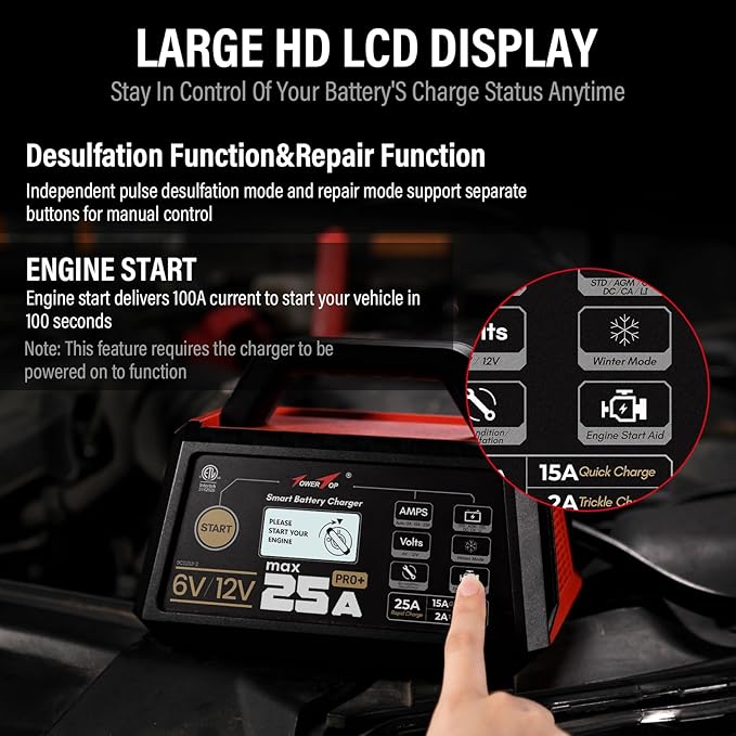 TowerTop 25A Pro+ Battery Charger, 6V/12V Car Battery Charger Fully Automatic Smart Battery Maintainer with Engine Start, Auto Desulfator, Battery Repair, for All Lead-Acid, AGM and LiFePO4 Batteries