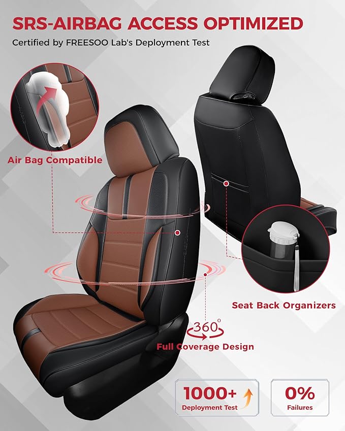 FREESOO Black Brown Front Car Seat Covers - Faux Nappa Leather Seat Covers for Cars, with Carbon Fiber Texture Seatbelt Pads, Ultra Cushion Protectors Fit for Most Vehicles Sedans SUV Trucks Maverick
