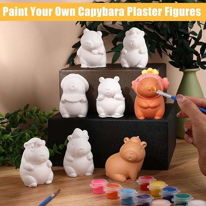 8Pcs Ceramics to Paint Capybara Gifts, Paint Your Own Ceramic Painting Kit - 3.15" Paintable Ceramics Capybara Figures with Brushes & Paints, DIY Unpainted Animal Plaster Christmas Crafts for Adults