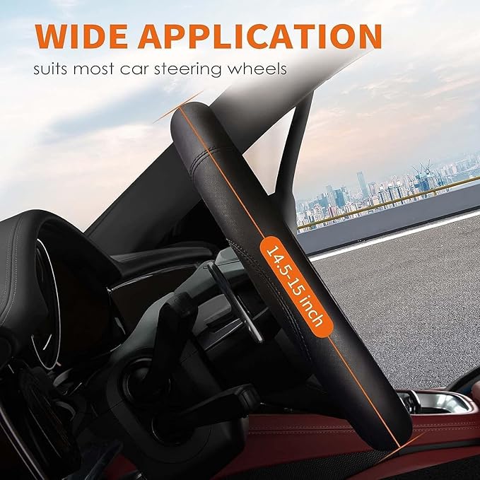 Black car Steering Wheel Cover - Universal Car Accessory for Diverse Cars, Durable Leather Cover with Anti-Slip Lining, for Steering Wheel with a Diameter of 14.5"-15".