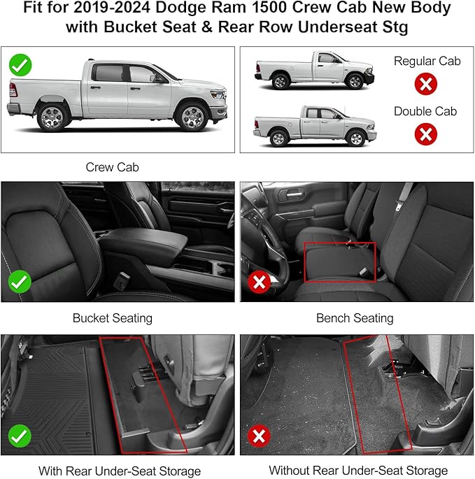 Car Floor Mats Fit for Dodge Ram 1500 Crew Cab 2019-2024 New Body (NOT Classic Models) Rear Row with Under-seat Storage, All Weather Truck Floor Liners Front & 2nd & Door Sill Guards Black Accessories