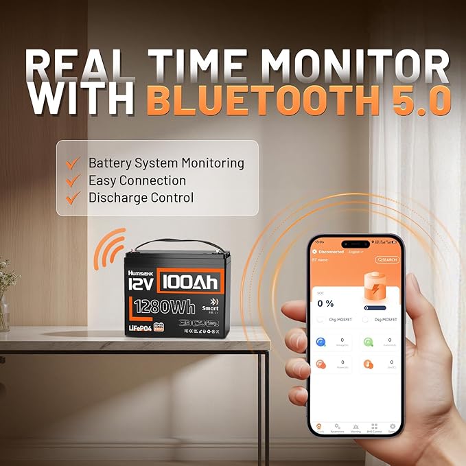 12V 100Ah LiFePO4 Lithium Battery Bluetooth - BCI Group 24 Deep Cycle Battery, Built-in 100A BMS & Low-Temp Protection, 15000+ Cycles, for RV/Marine/Trolling Motor/Off-Grid/Home Backup