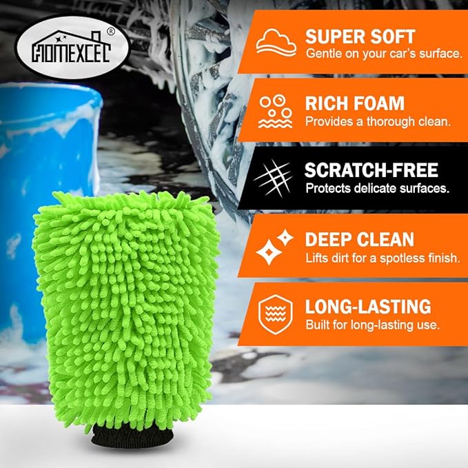 HOMEXCEL Car Wash Mitt, 2PK Chenille Microfiber Wash Mitt, Scratch-Free & Lint-Free, Rich Foam, Highly Absorbent, Double Sided, Perfect for Car Washing and Detailing, 10.2" x 6.7 ", Green